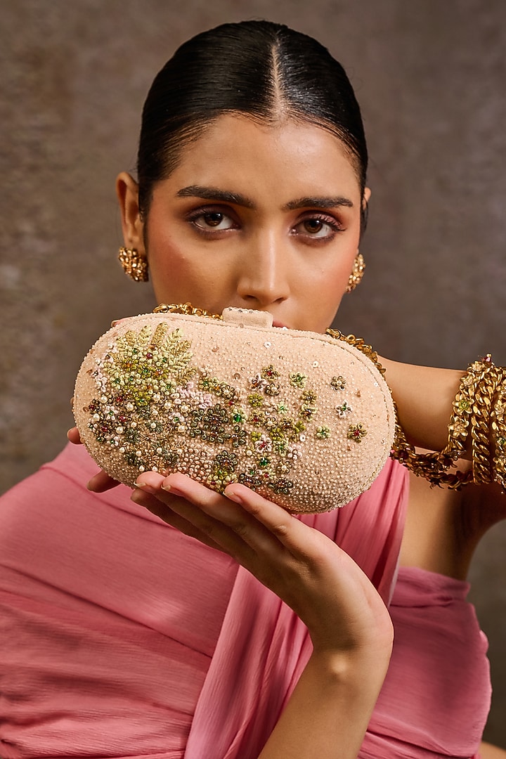 Ivory Velvet Kashida Embroidered Clutch by Tarun Tahiliani Accessories at Pernia's Pop Up Shop