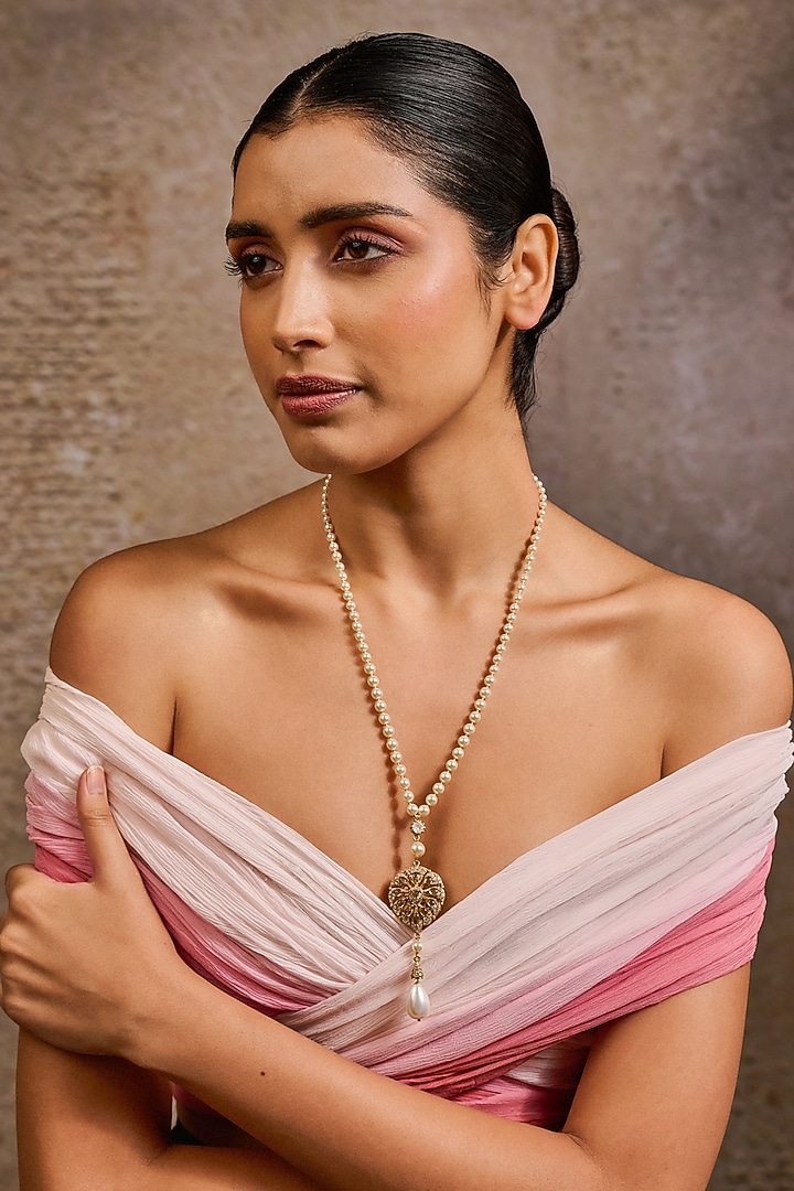 Gold Plated Swarovski Pearl & Smoky Topaz Stone Necklace In Sterling Silver by Tarun Tahiliani Accessories at Pernia's Pop Up Shop