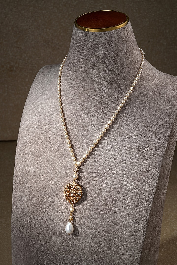 Gold Plated Swarovski Pearl & Smoky Topaz Stone Necklace In Sterling Silver by Tarun Tahiliani Jewellery at Pernia's Pop Up Shop