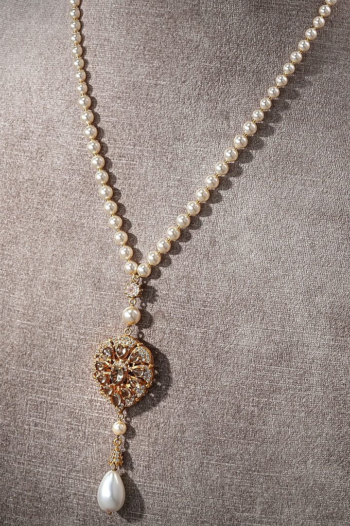 Gold Plated Swarovski Pearl & Smoky Topaz Stone Necklace In Sterling Silver by Tarun Tahiliani Jewellery at Pernia's Pop Up Shop