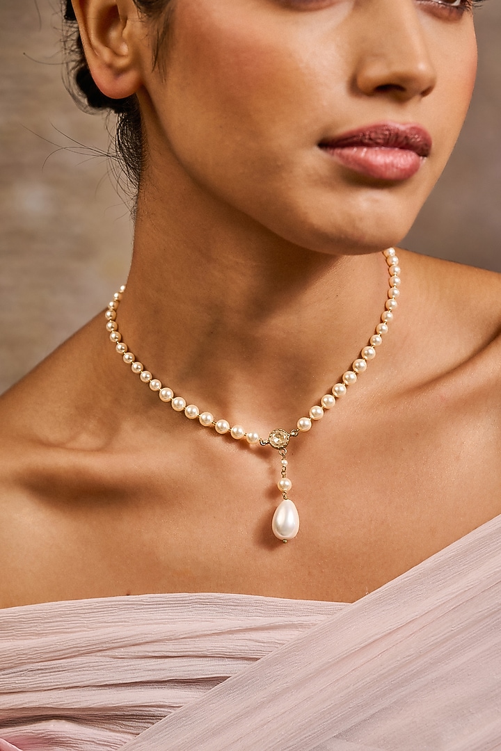 Gold Plated Swarovski Pearl & Zircon Choker Necklace In Sterling Silver by Tarun Tahiliani Accessories at Pernia's Pop Up Shop