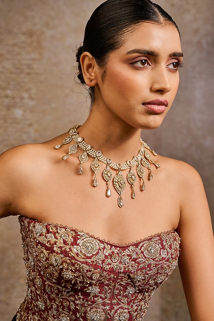 Gold Plated Zircon & Swarovski Pearl Floral Necklace In Sterling Silver by Tarun Tahiliani Accessories at Pernia's Pop Up Shop