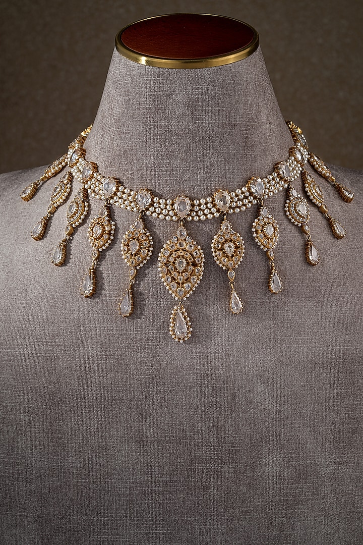 Gold Plated Zircon & Swarovski Pearl Floral Necklace In Sterling Silver by Tarun Tahiliani Jewellery at Pernia's Pop Up Shop