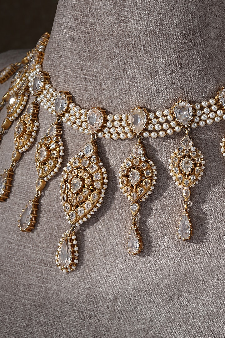 Gold Plated Zircon & Swarovski Pearl Floral Necklace In Sterling Silver by Tarun Tahiliani Jewellery at Pernia's Pop Up Shop