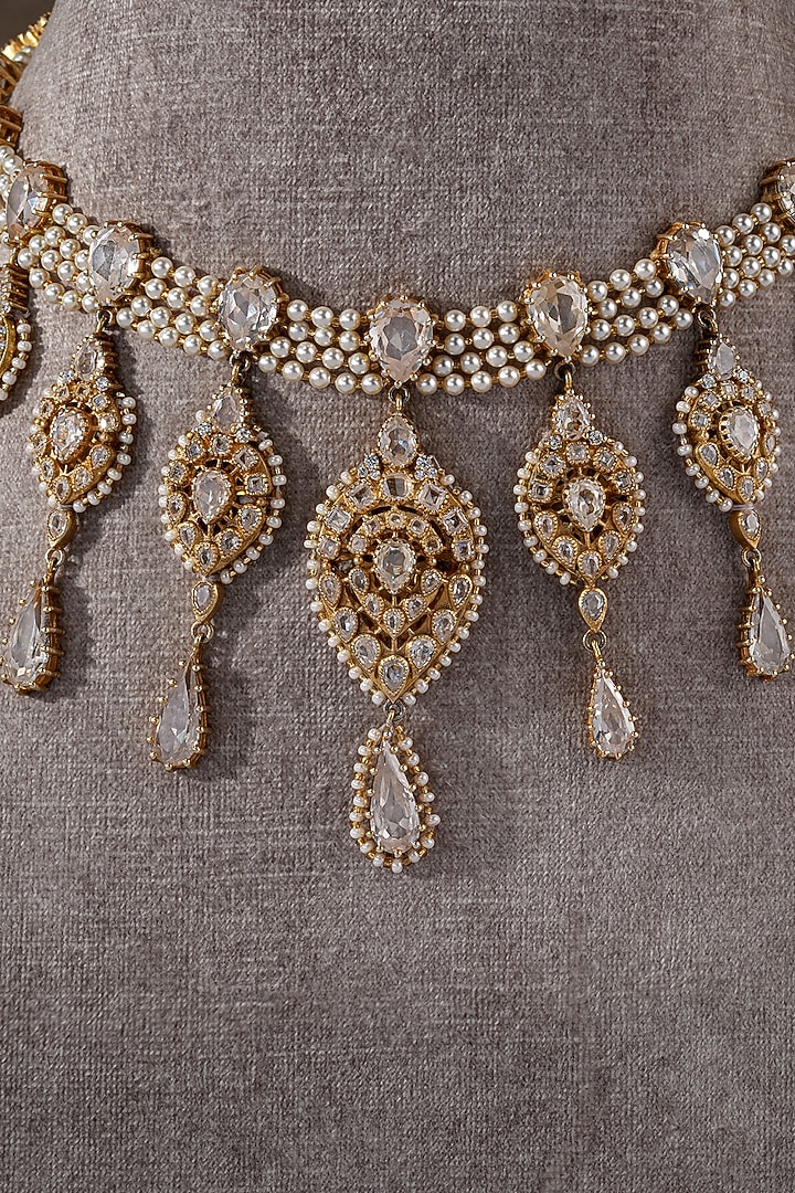 Gold Plated Zircon & Swarovski Pearl Floral Necklace In Sterling Silver by Tarun Tahiliani Jewellery at Pernia's Pop Up Shop