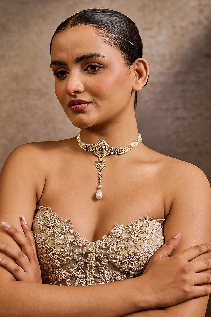 Gold Plated Zircon & Swarovski Pearl Choker Necklace In Sterling Silver by Tarun Tahiliani Accessories at Pernia's Pop Up Shop