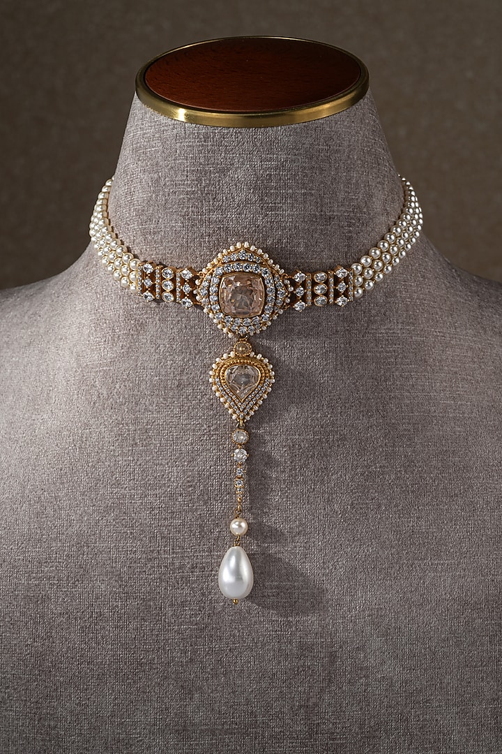 Gold Plated Zircon & Swarovski Pearl Choker Necklace In Sterling Silver by Tarun Tahiliani Jewellery at Pernia's Pop Up Shop