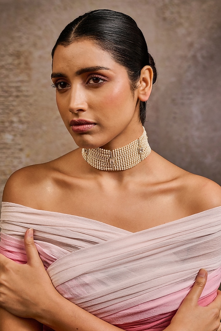 Gold Plated Zircon & Swarovski Pearl Choker Necklace In Sterling Silver by Tarun Tahiliani Accessories at Pernia's Pop Up Shop