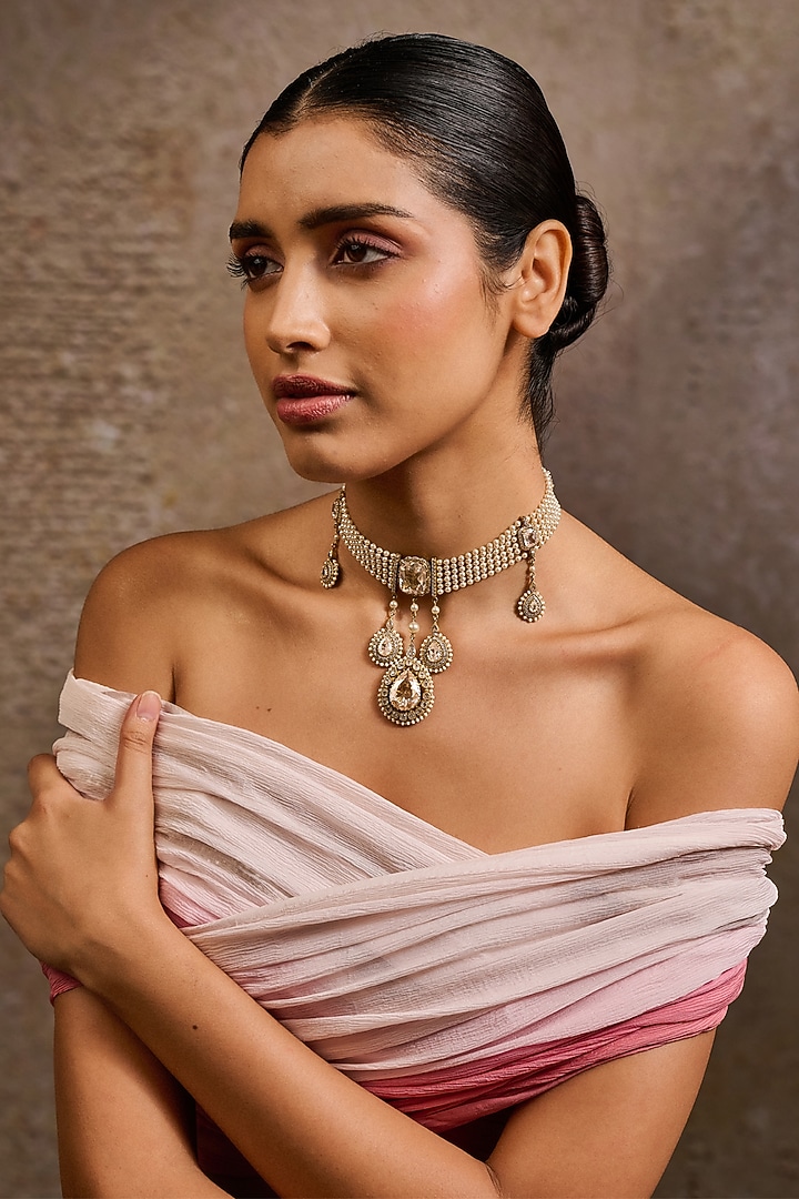 Gold Plated Zircon & Swarovski Pearl Choker Necklace In Sterling Silver by Tarun Tahiliani Accessories at Pernia's Pop Up Shop