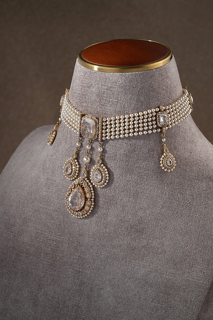 Gold Plated Zircon & Swarovski Pearl Choker Necklace In Sterling Silver by Tarun Tahiliani Jewellery at Pernia's Pop Up Shop