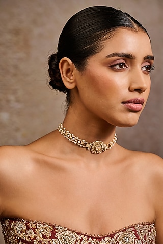 Gold Plated Zircon & Swarovski Pearl Choker Necklace In Sterling Silver by Tarun Tahiliani Jewellery