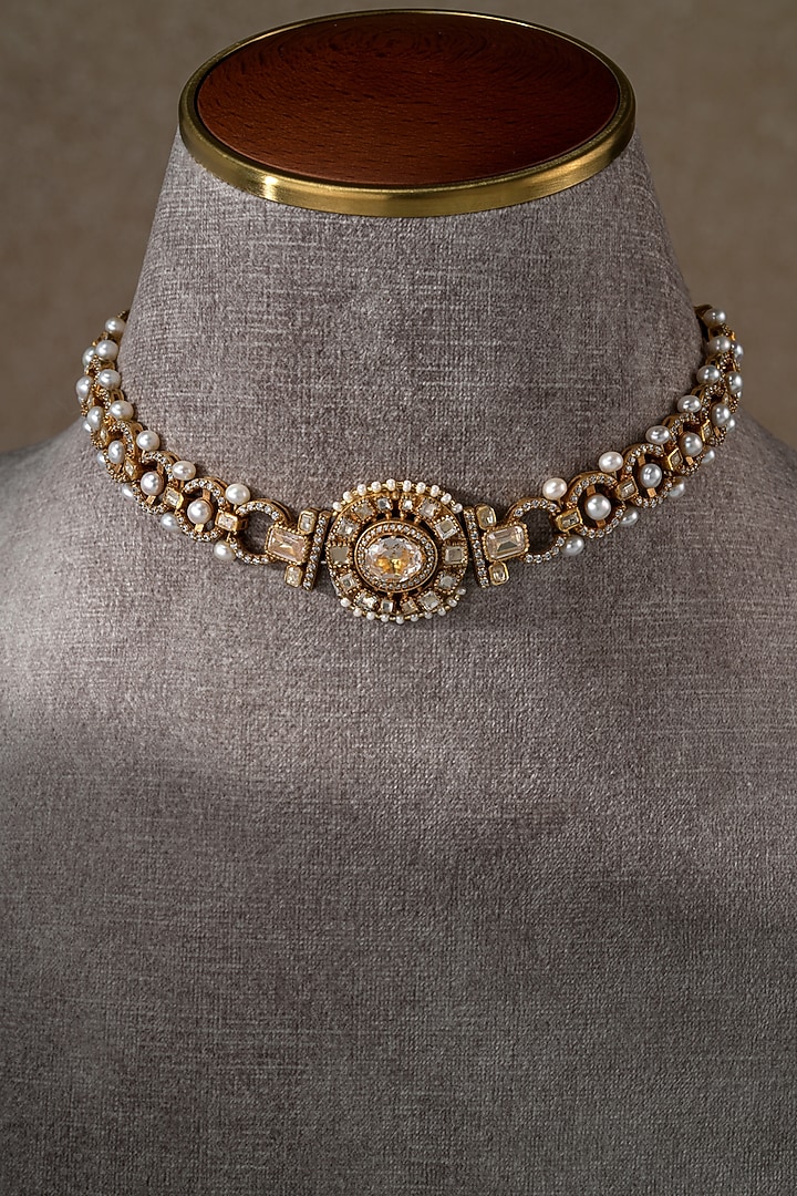 Gold Plated Zircon & Swarovski Pearl Choker Necklace In Sterling Silver by Tarun Tahiliani Jewellery at Pernia's Pop Up Shop