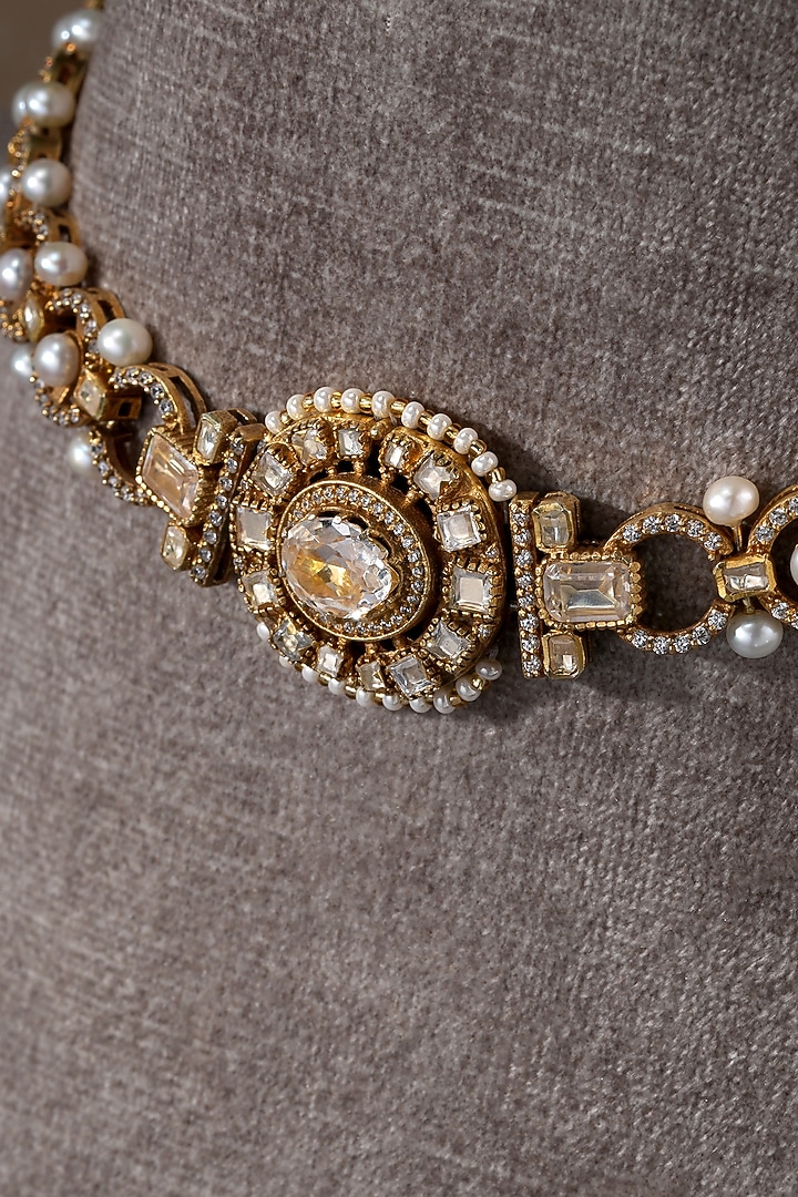 Gold Plated Zircon & Swarovski Pearl Choker Necklace In Sterling Silver by Tarun Tahiliani Jewellery at Pernia's Pop Up Shop