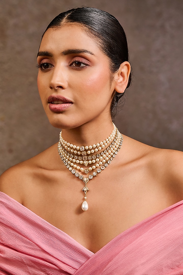 Gold Plated Zircon & Swarovski Pearl Layered Necklace In Sterling Silver by Tarun Tahiliani Accessories at Pernia's Pop Up Shop