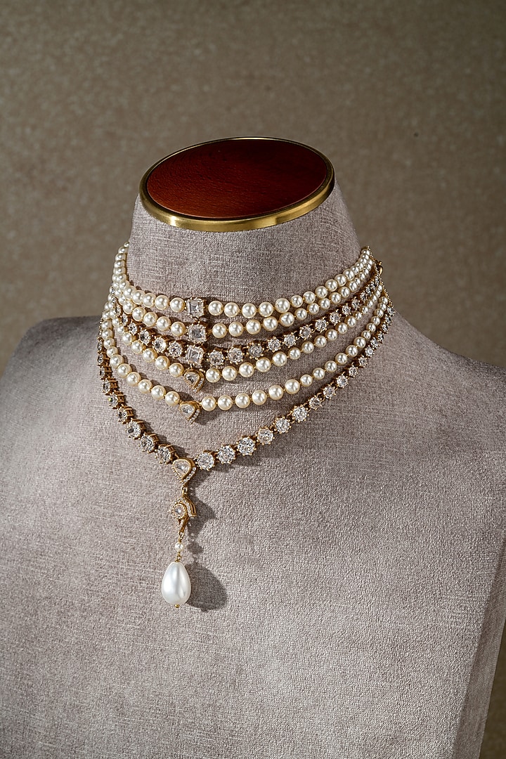 Gold Plated Zircon & Swarovski Pearl Layered Necklace In Sterling Silver by Tarun Tahiliani Jewellery at Pernia's Pop Up Shop