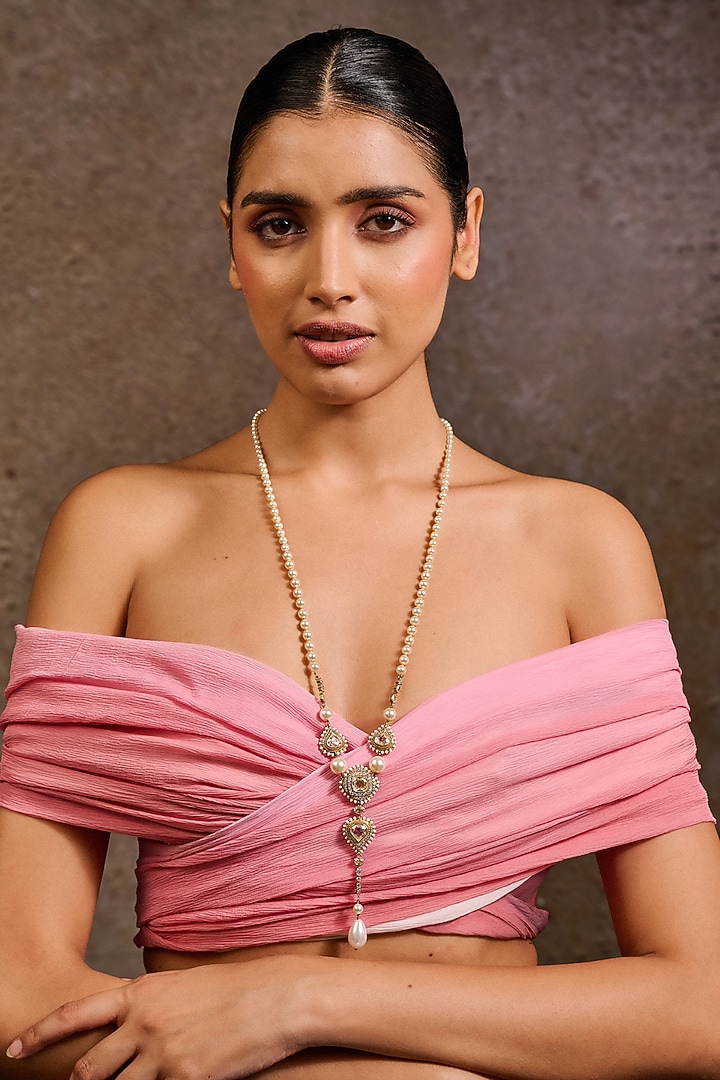 Gold Plated Zircon & Swarovski Pearl lariat Necklace In Sterling Silver by Tarun Tahiliani Accessories at Pernia's Pop Up Shop