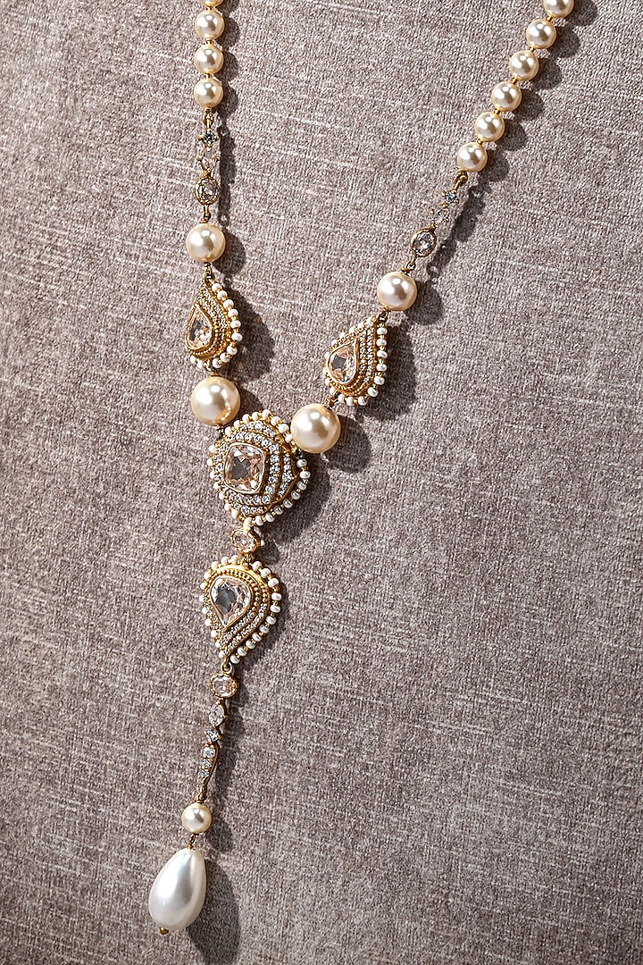 Gold Plated Zircon & Swarovski Pearl lariat Necklace In Sterling Silver by Tarun Tahiliani Jewellery at Pernia's Pop Up Shop