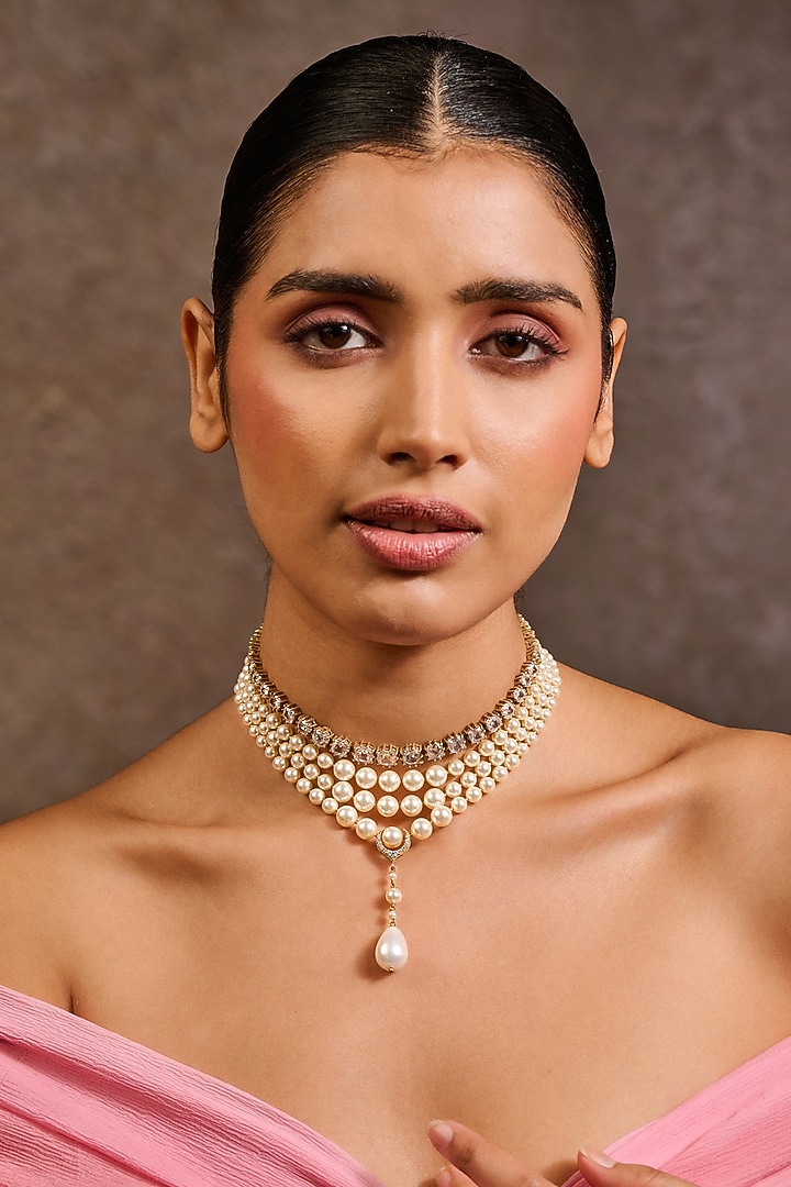 Gold Plated Crystal & Swarovski Pearl Layered Necklace In Sterling Silver by Tarun Tahiliani Accessories at Pernia's Pop Up Shop