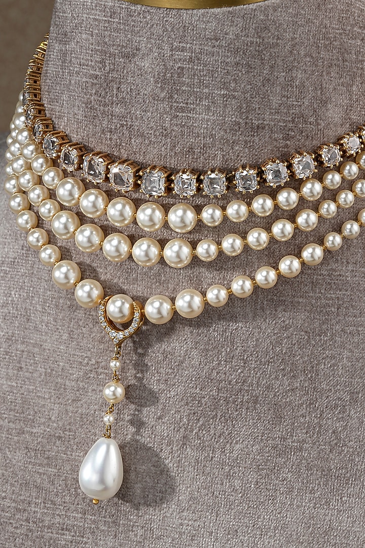 Gold Plated Crystal & Swarovski Pearl Layered Necklace In Sterling Silver by Tarun Tahiliani Jewellery at Pernia's Pop Up Shop