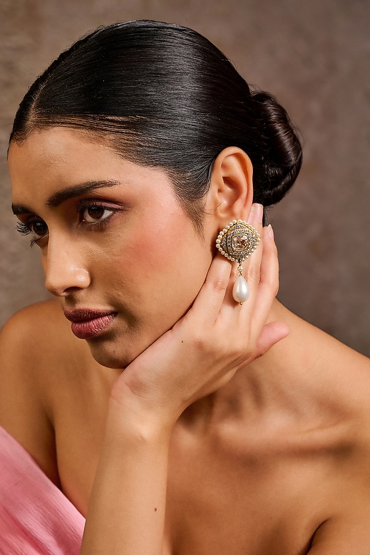 Gold Plated Zircon & Pearl Drop Long Earrings In Sterling Silver by Tarun Tahiliani Accessories at Pernia's Pop Up Shop