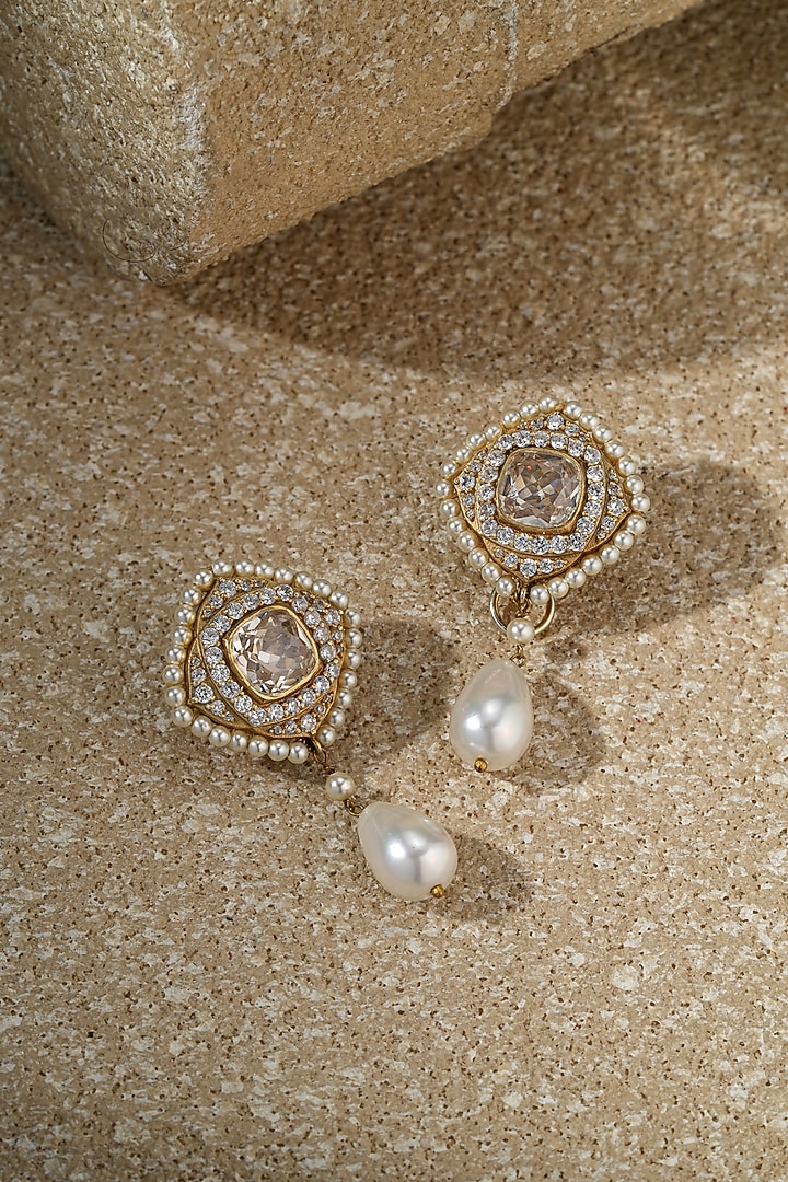Gold Plated Zircon & Pearl Drop Long Earrings In Sterling Silver by Tarun Tahiliani Jewellery at Pernia's Pop Up Shop
