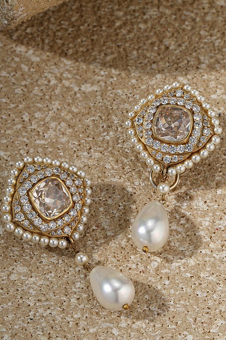 Gold Plated Zircon & Pearl Drop Long Earrings In Sterling Silver by Tarun Tahiliani Jewellery at Pernia's Pop Up Shop