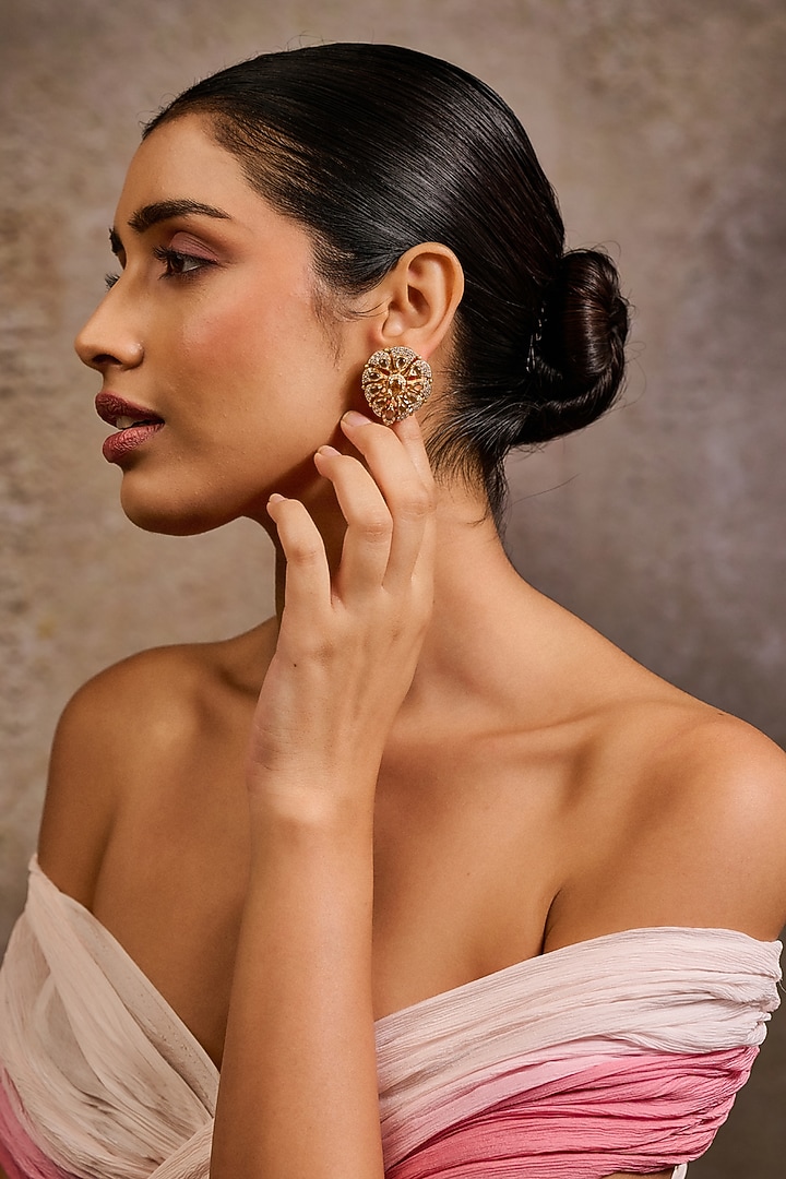 Gold Plated Zircon & Smoky Topaz Pear-Shaped Stud Earrings In Sterling Silver by Tarun Tahiliani Accessories at Pernia's Pop Up Shop