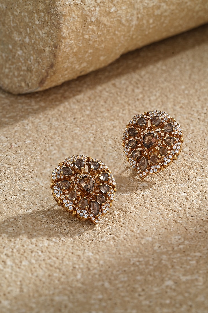 Gold Plated Zircon & Smoky Topaz Pear-Shaped Stud Earrings In Sterling Silver by Tarun Tahiliani Jewellery at Pernia's Pop Up Shop