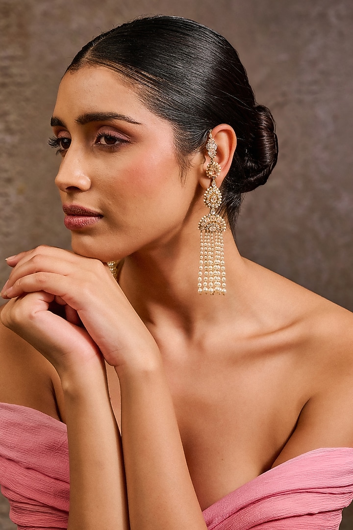 Gold Plated Zircon & Swarovski Pearl Kanauti Earrings In Sterling Silver by Tarun Tahiliani Accessories at Pernia's Pop Up Shop
