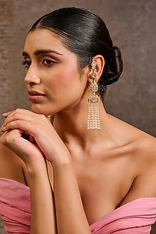 Gold Plated Zircon & Swarovski Pearl Kanauti Earrings In Sterling Silver by Tarun Tahiliani Jewellery