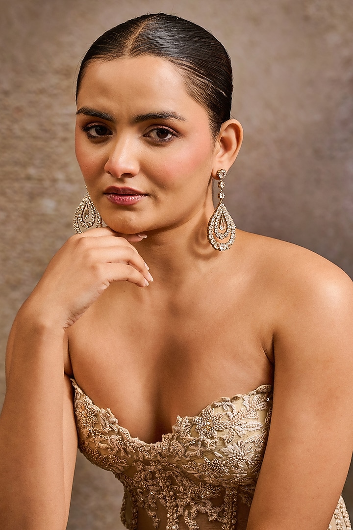 Gold Plated Zircon Pear-Shaped Statement Earrings In Sterling Silver by Tarun Tahiliani Accessories at Pernia's Pop Up Shop