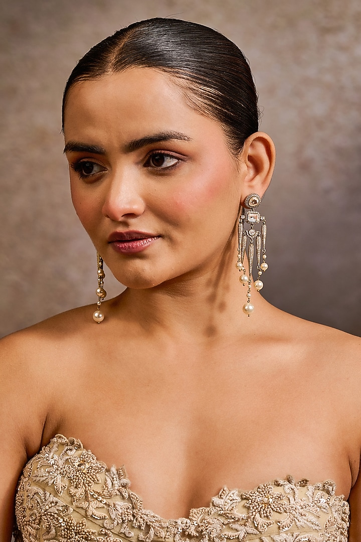 Gold Plated Zircon & Swarovski Pearl Statement Earrings In Sterling Silver by Tarun Tahiliani Accessories at Pernia's Pop Up Shop