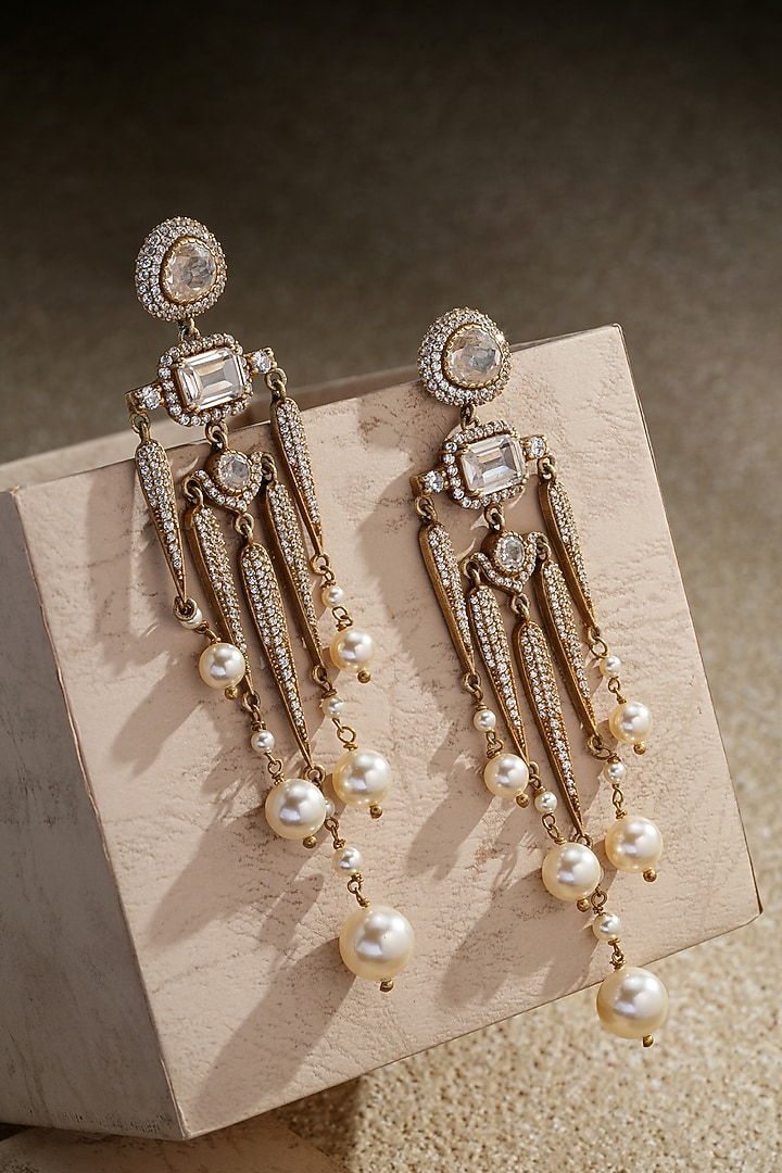 Gold Plated Zircon & Swarovski Pearl Statement Earrings In Sterling Silver by Tarun Tahiliani Jewellery at Pernia's Pop Up Shop