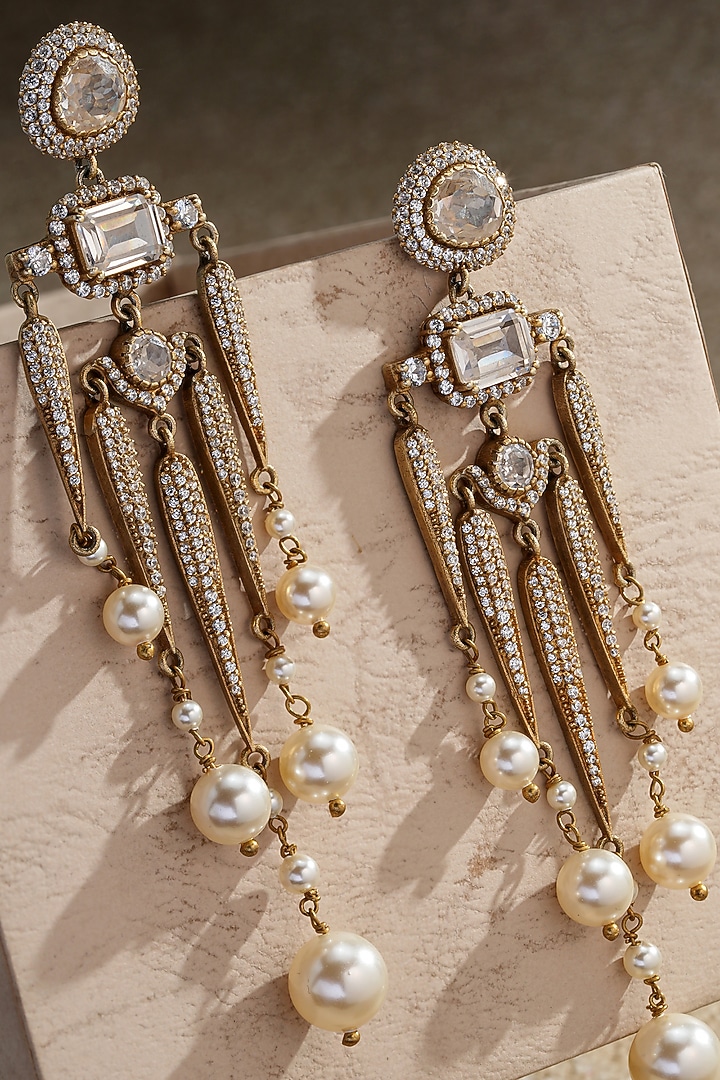 Gold Plated Zircon & Swarovski Pearl Statement Earrings In Sterling Silver by Tarun Tahiliani Jewellery at Pernia's Pop Up Shop