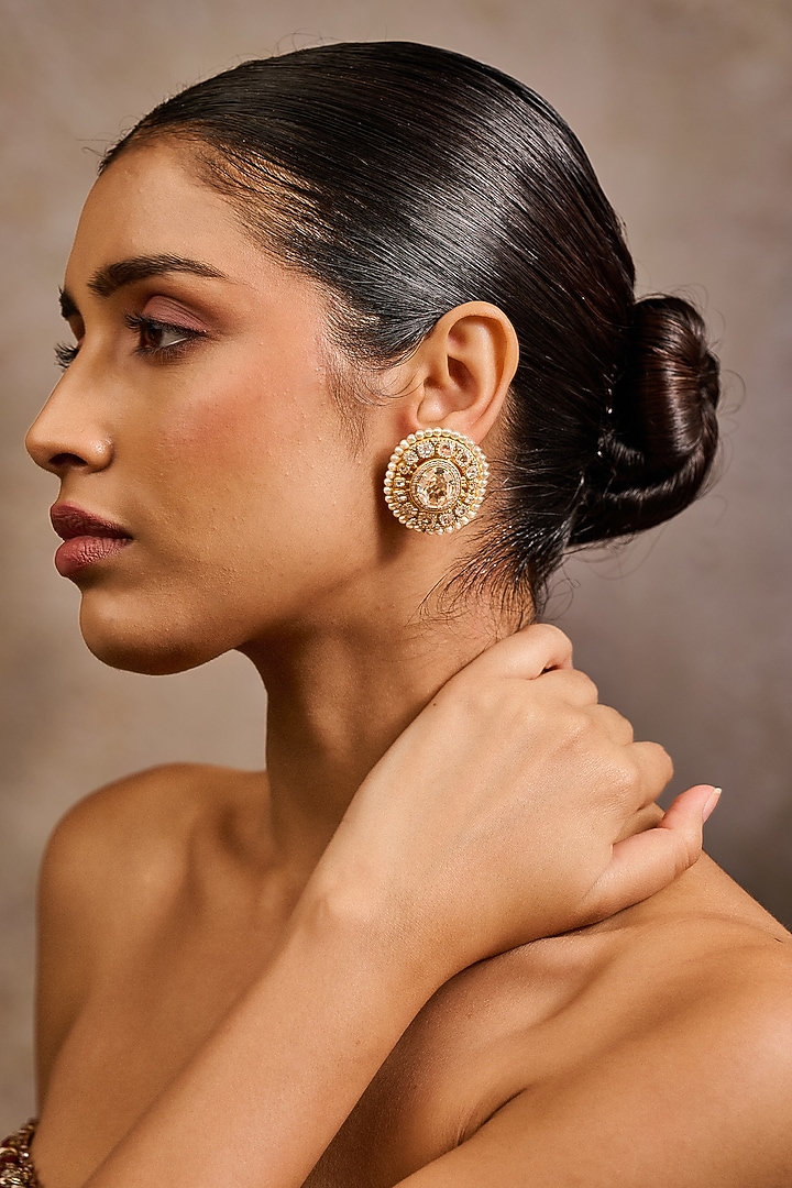 Gold Plated Zircon Handcrafted Stud Earrings In Sterling Silver by Tarun Tahiliani Accessories at Pernia's Pop Up Shop