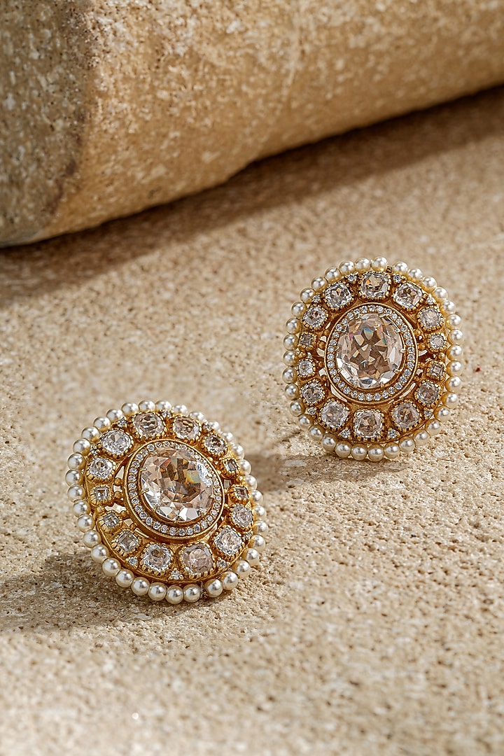 Gold Plated Zircon Handcrafted Stud Earrings In Sterling Silver by Tarun Tahiliani Jewellery at Pernia's Pop Up Shop