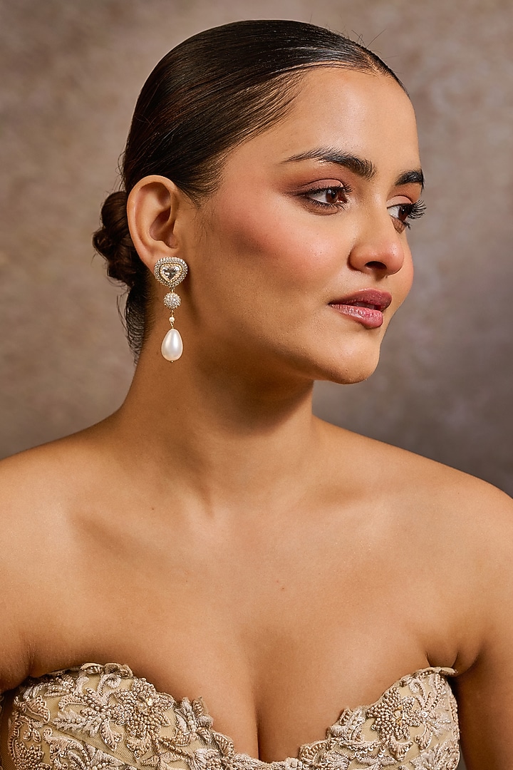 Gold Plated Zircon & Pearl Drop Long Earrings In Sterling Silver by Tarun Tahiliani Accessories at Pernia's Pop Up Shop