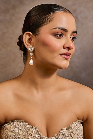 Gold Plated Zircon & Pearl Drop Long Earrings In Sterling Silver by Tarun Tahiliani Jewellery