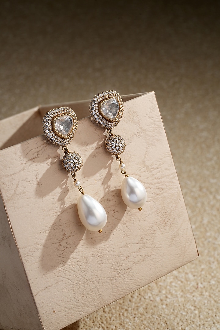 Gold Plated Zircon & Pearl Drop Long Earrings In Sterling Silver by Tarun Tahiliani Jewellery at Pernia's Pop Up Shop