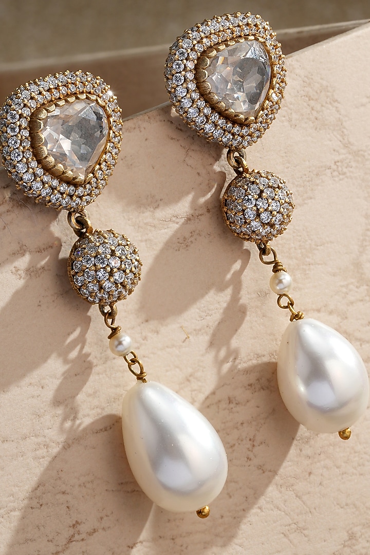 Gold Plated Zircon & Pearl Drop Long Earrings In Sterling Silver by Tarun Tahiliani Jewellery at Pernia's Pop Up Shop