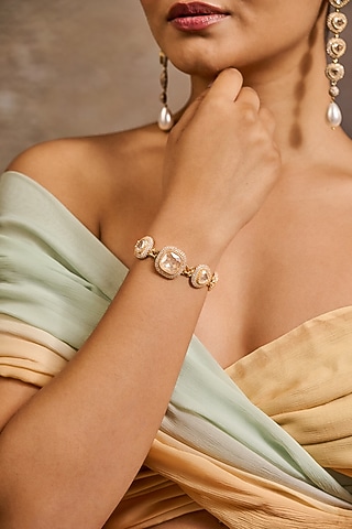 Gold Plated Zircon & Swarovski Pearl Bracelet In Sterling Silver by Tarun Tahiliani Jewellery