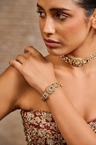 Gold Plated Emerald-Cut Zircon Bracelet In Sterling Silver by Tarun Tahiliani Jewellery