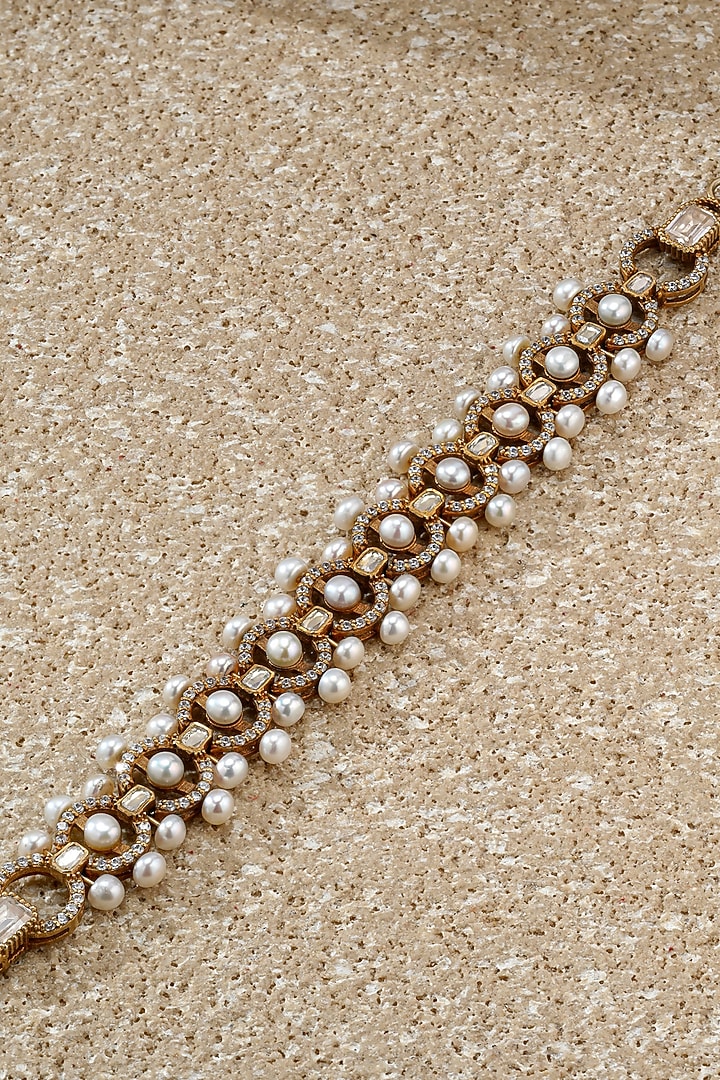 Gold Plated Zircon & Swarovski Pearl Bracelet In Sterling Silver by Tarun Tahiliani Jewellery at Pernia's Pop Up Shop