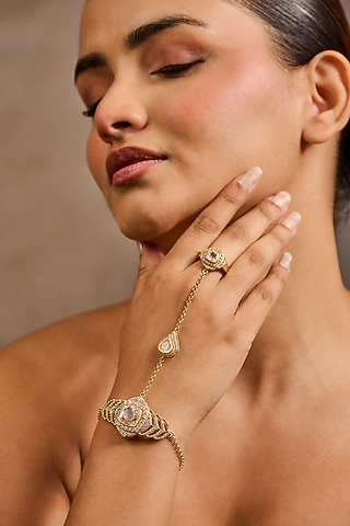 Gold Plated Zircon & Swarovski Pearl Hathphool In Sterling Silver by Tarun Tahiliani Jewellery