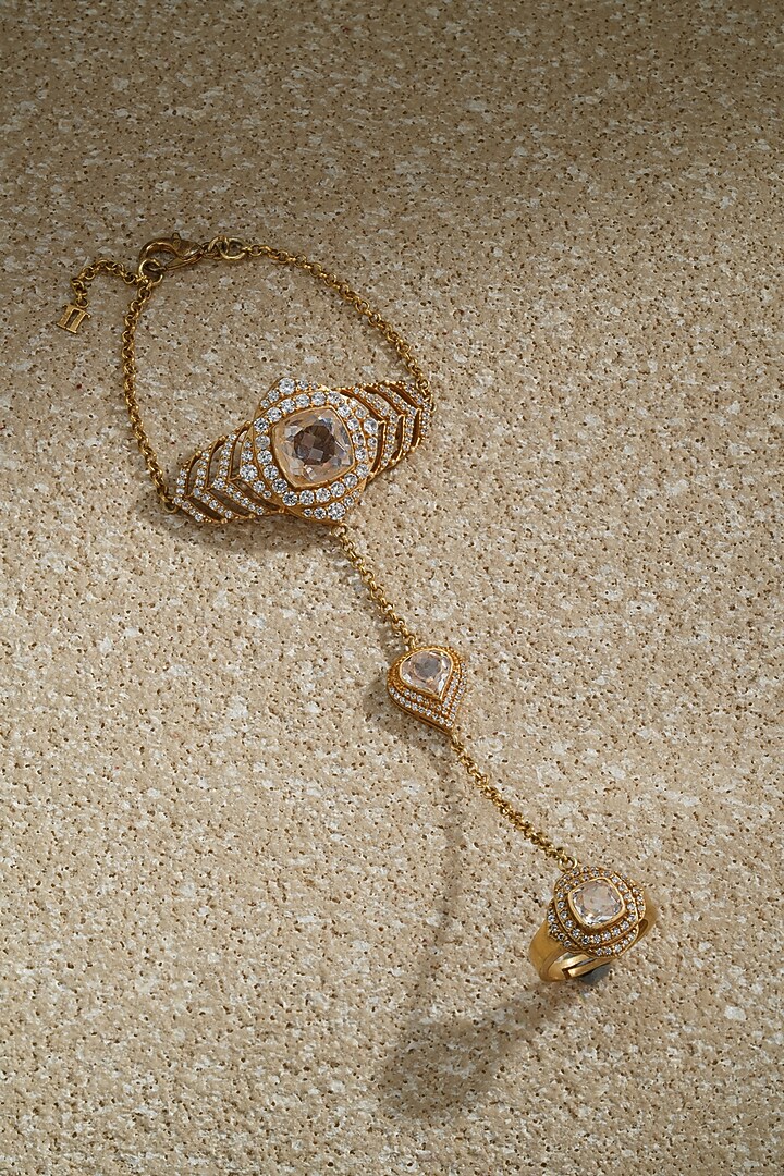 Gold Plated Zircon & Swarovski Pearl Hathphool In Sterling Silver by Tarun Tahiliani Jewellery at Pernia's Pop Up Shop