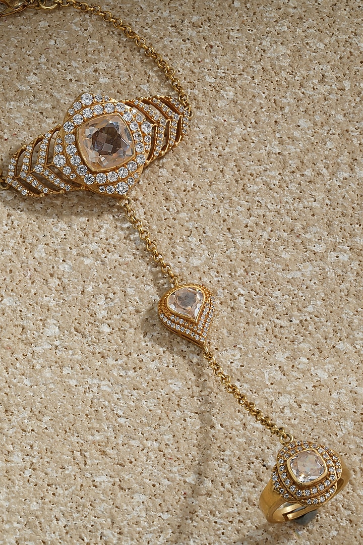 Gold Plated Zircon & Swarovski Pearl Hathphool In Sterling Silver by Tarun Tahiliani Jewellery at Pernia's Pop Up Shop