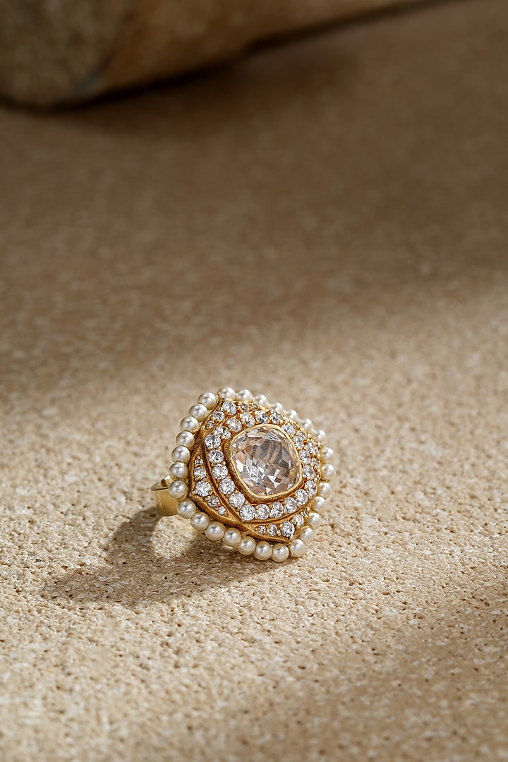 Gold Plated Zircon & Pearl Adjustable Ring In Sterling Silver by Tarun Tahiliani Jewellery at Pernia's Pop Up Shop