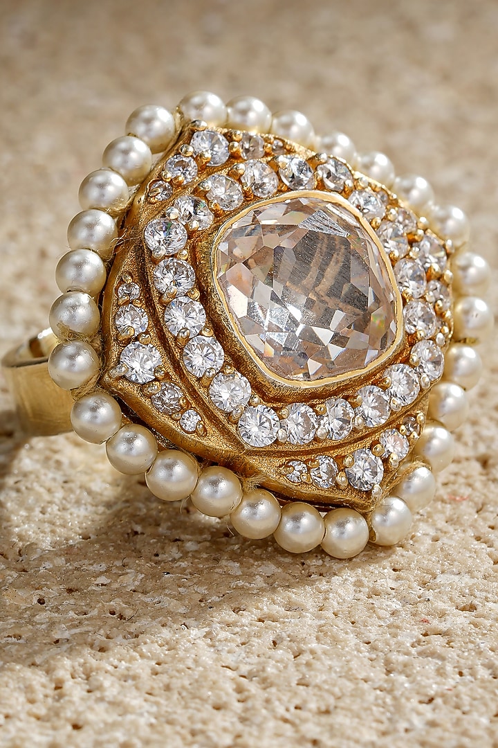 Gold Plated Zircon & Pearl Adjustable Ring In Sterling Silver by Tarun Tahiliani Jewellery at Pernia's Pop Up Shop