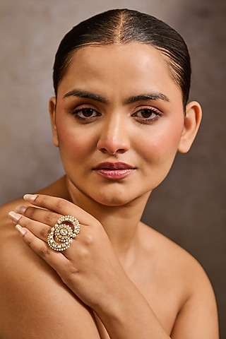 Gold Plated Zircon & Swarovski Pearl Dual-Finger Ring In Sterling Silver by Tarun Tahiliani Jewellery