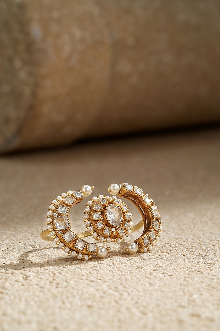 Gold Plated Zircon & Swarovski Pearl Dual-Finger Ring In Sterling Silver by Tarun Tahiliani Jewellery at Pernia's Pop Up Shop